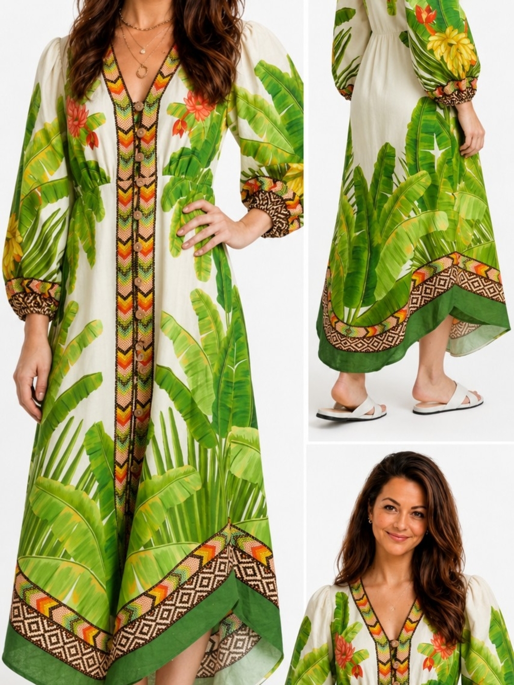 FARM Rio Fresh Forest Scarf V-Neck Midi Dress.